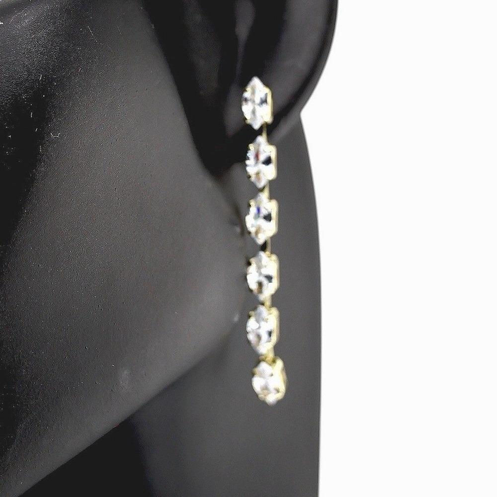 Swarovski Elements Marquise Crystal Long Linear Drop Earrings Gold Tone New